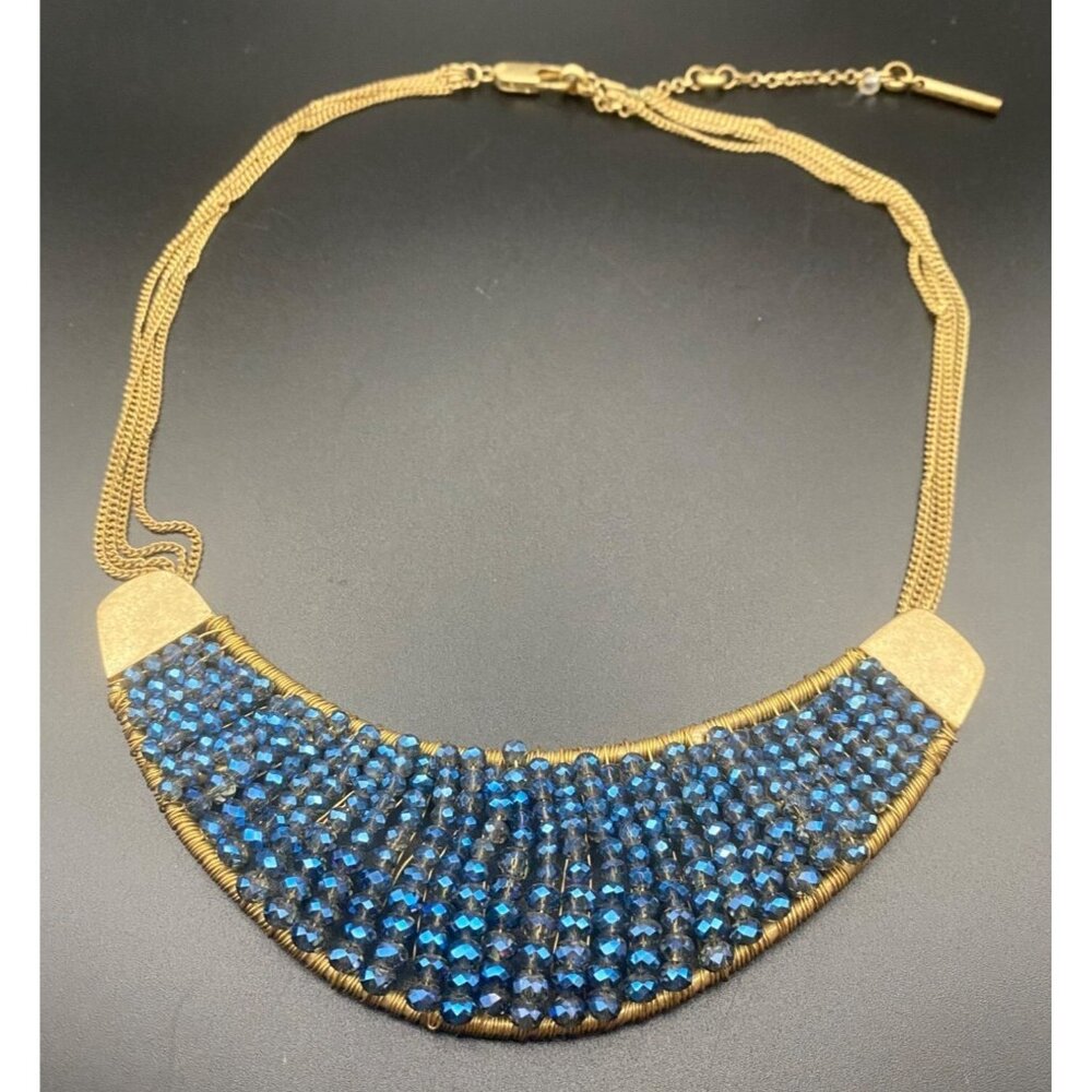 Signed Kenneth Cole New York Necklace AB Blue Beaded Bib Gold Multi Chain 18+3" - Picture 2 of 7